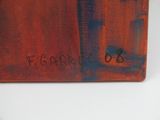an image of a painting of a red building with a clock on it