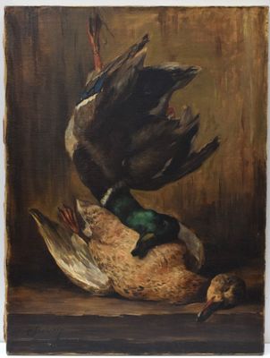 an oil painting of a duck and a duckling on a table