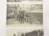 two old black and white photos of horses and people on a road
