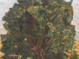 une peinture à l'huile représentant un grand arbre dans un champ, avec une personne assise à son pied