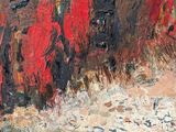 an oil painting of a red and black horse in a field