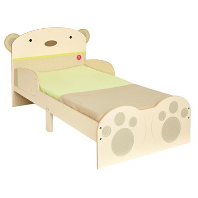 a wooden bed with a teddy bear headboard and foot board
