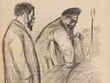 an old newspaper with a drawing of two men talking to each other