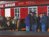 painting of a group of men standing in front of a bar with horses