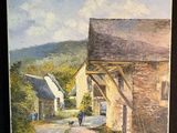une peinture à l'huile représentant une personne promenant son chien sur une route de campagne