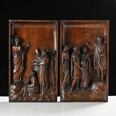 pair of carved wood panels depicting the life of jesus and mary