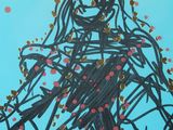 painting of a woman holding a bike with lots of confetti sprinkles on it