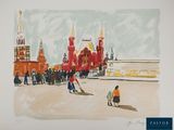 an image of a painting of people walking down a street in front of a red building