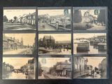 several old black and white photos of a street and buildings