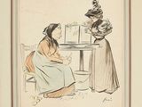drawing of a woman sitting at a table talking to a woman sitting at a table