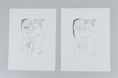 deux dessins en noir et blanc représentant un couple en train de s'embrasser