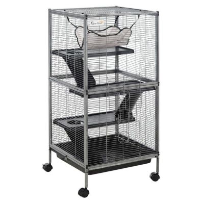 10076-566 / Cage pour petits animaux - PAWHUT - Gris - 4 roues univers