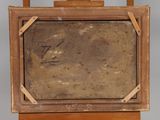 an old picture of a wooden frame with a painting on it