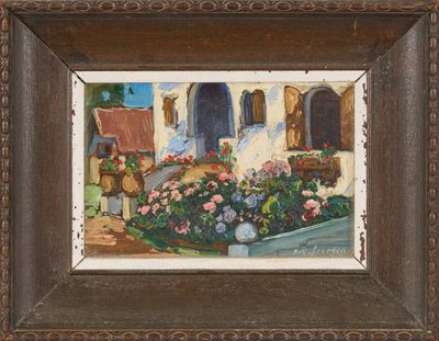an image of a painting of a house with flowers in front of it