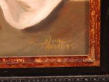 an oil painting of a woman in a white dress with a hat on