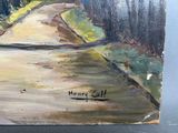 a painting of a country road with trees on both sides