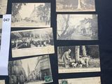 several old black and white photos of old buildings and street signs