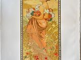 tableau représentant une femme tenant un bouquet de fleurs dans un champ