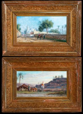 two paintings of a man and a woman on horseback in the desert