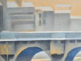 a painting of a bridge over a body of water with buildings in the background