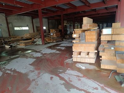 a large room with a lot of wood in it