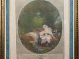 a painting of a woman sitting on a bed in a wooded setting