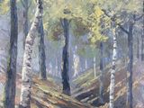 une peinture à l'huile représentant une scène de forêt avec un sentier qui serpente entre les arbres