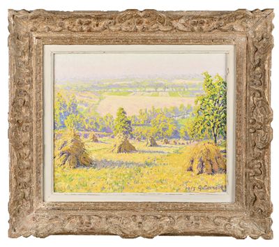 un tableau représentant un paysage avec des balles de foin et des arbres