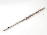an old silver flute on a white surface with a white background