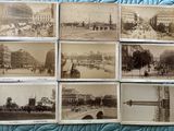 several old black and white photographs of a city with a bridge