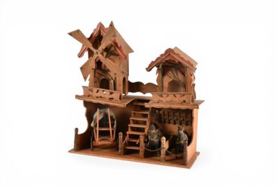 MAQUETTE en pitchpin représentant une ferme avec deux chevau…