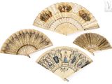 four antique chinese folding fan ' s on display on a white surface