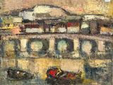 une peinture à l'huile représentant un bateau devant un bâtiment au bord de l'eau