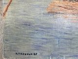 a painting of a man standing on a raft with a stick