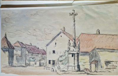 dessin représentant une scène de rue avec des bâtiments et un lampadaire au loin