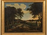 a painting of a landscape with a river and people in the foreground