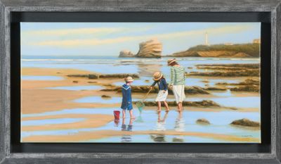 painting of a family on the beach with a lighthouse in the background
