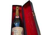 a bottle of wine in a box with a red cover