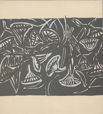 a black and white drawing of a group of plants