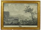 un dessin représentant un paysage avec un château au loin