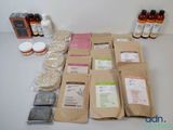 a table with a lot of bottles of medicine and a bag of medicine
