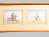 two framed pictures of a man riding a horse and a woman riding a horse