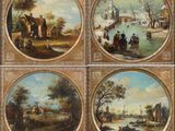 quatre tableaux représentant une scène fluviale avec des personnages sur un pont