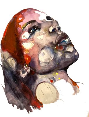 une aquarelle représentant le visage d'une femme sur fond blanc