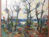 an oil painting of trees in a field with a lake in the background