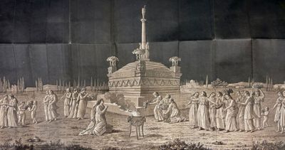 painting of a group of people gathered around a monument in a field