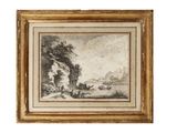 a drawing of a landscape with a man and a dog by a river