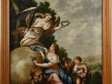 un tableau représentant un tableau d'une femme assise sur un rocher, entourée d'anges