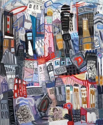 un tableau représentant un paysage urbain où l'on voit de nombreux téléphones portables
