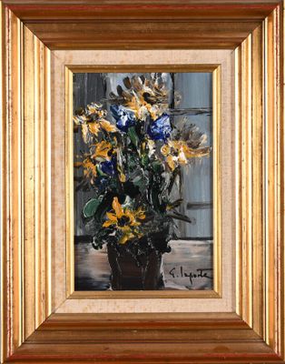 a painting of flowers in a vase on a table
